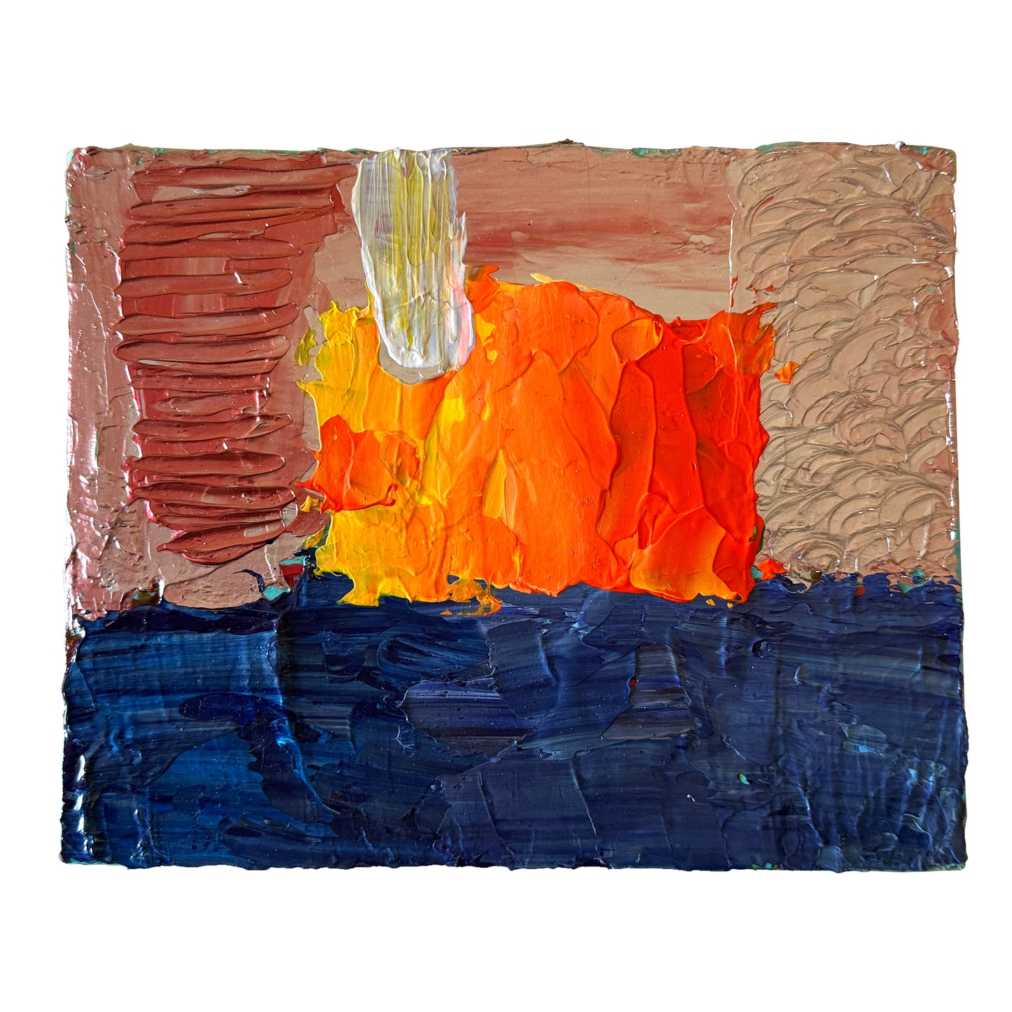 Abstract art piece with orange, blue, and brown colors on a white background