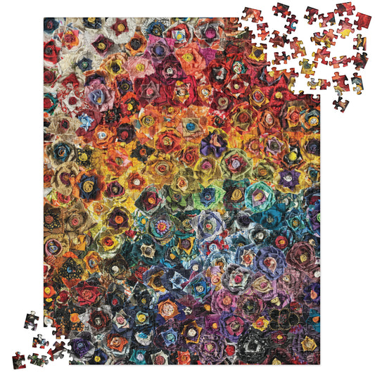 Puzzle with a rainbow gradient of fabric flowers