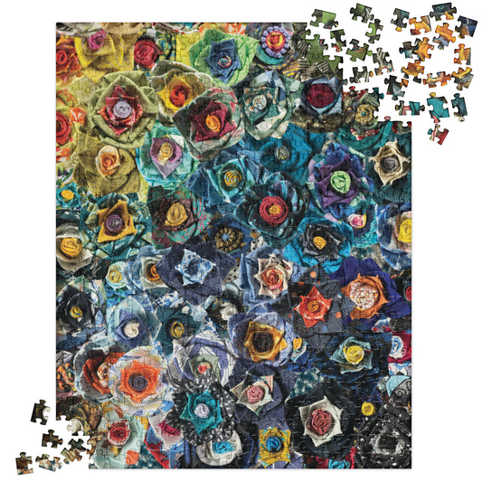Puzzle with a green and blue gradient of fabric flowers