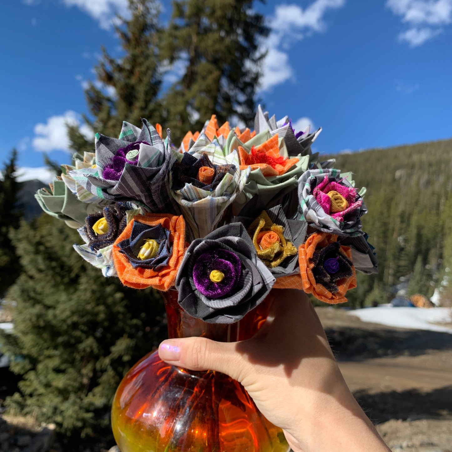 Fabric flowers created from shirts and other clothing as a memorial gift