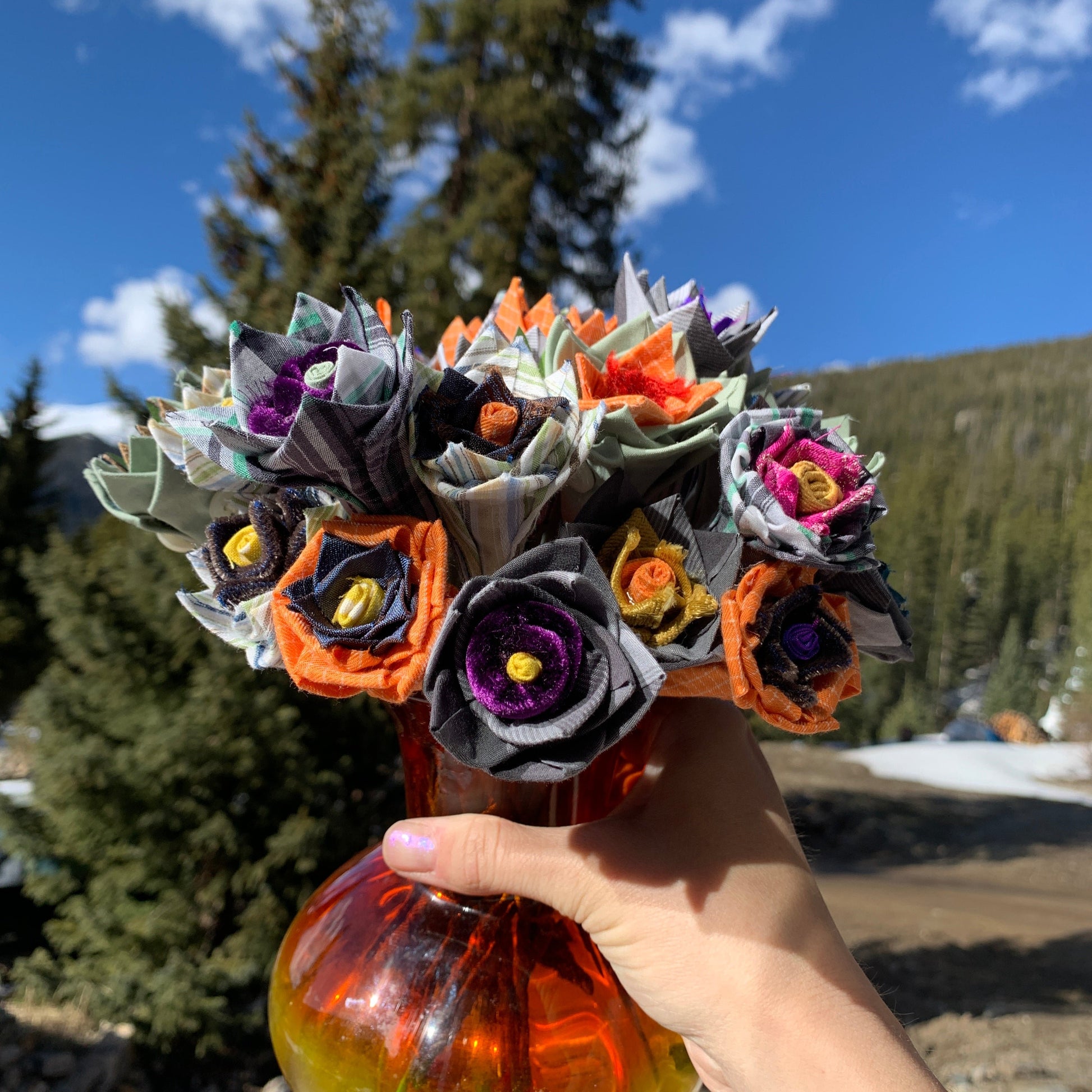 Fabric flowers created from shirts and other clothing as a memorial gift