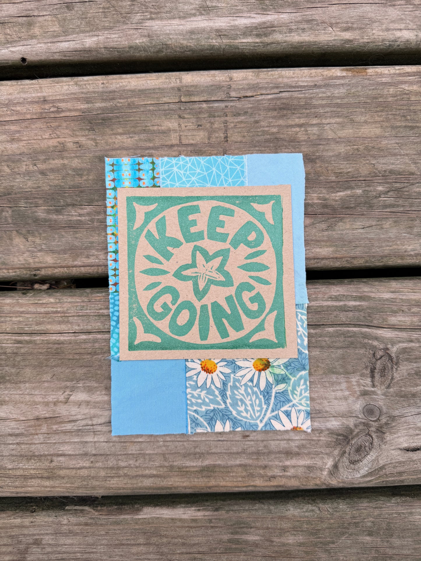 5x7 linocut print & fabric collage