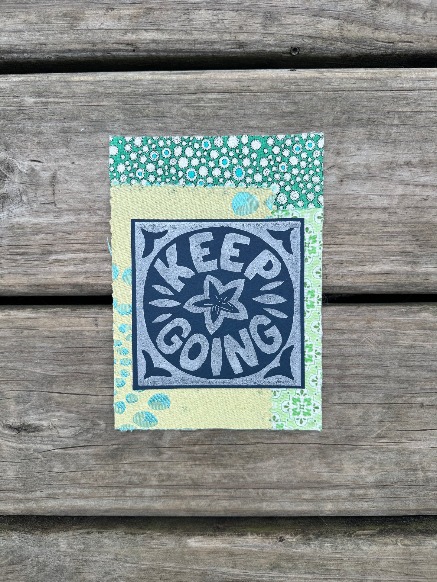 5x7 linocut print & fabric collage