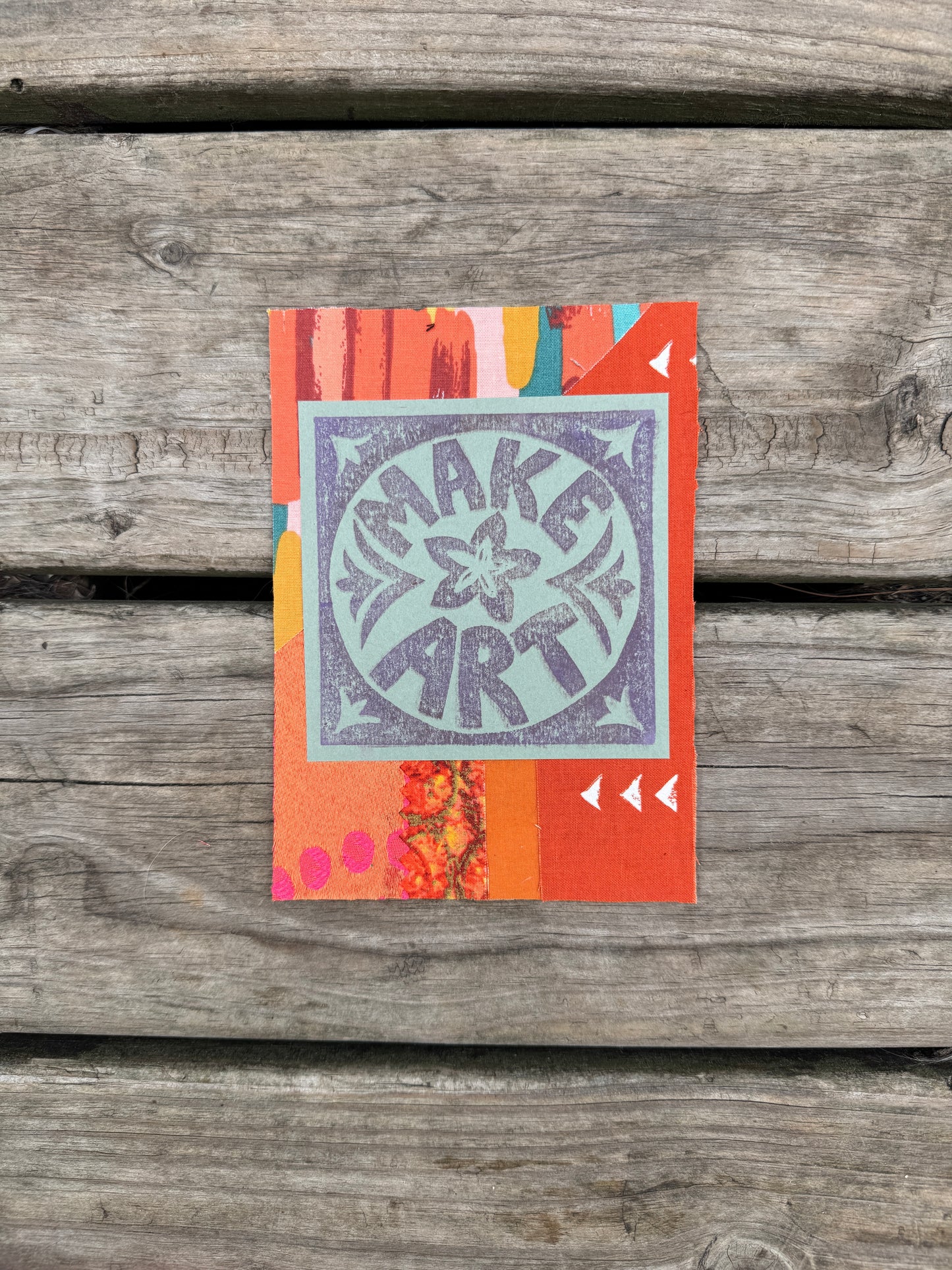 5x7 linocut print & fabric collage