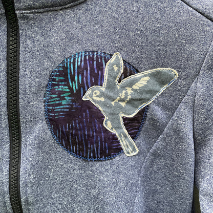 Blue Hoodie with Bird Appliqué (size small)