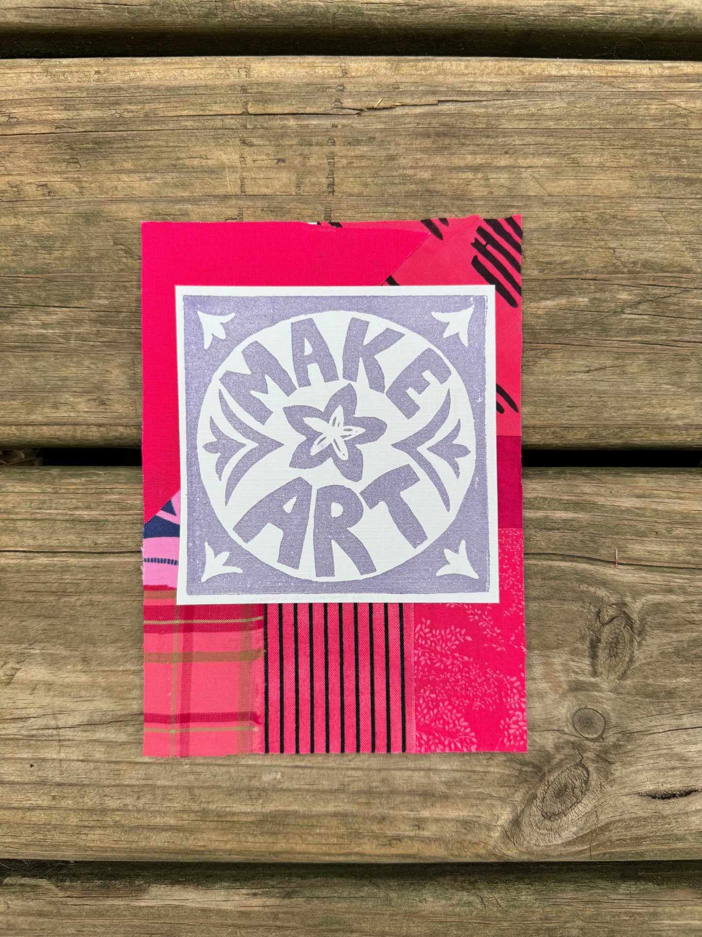 5x7 linocut print & fabric collage
