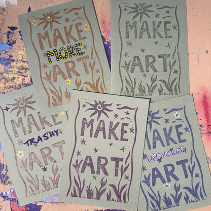 Multiple green cards with text reading "Make Art" in different colors