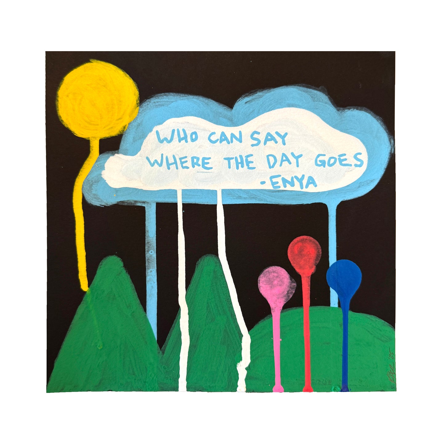 Artistic depiction of a cloud with text, sun, trees, and colorful blobs against a black background.