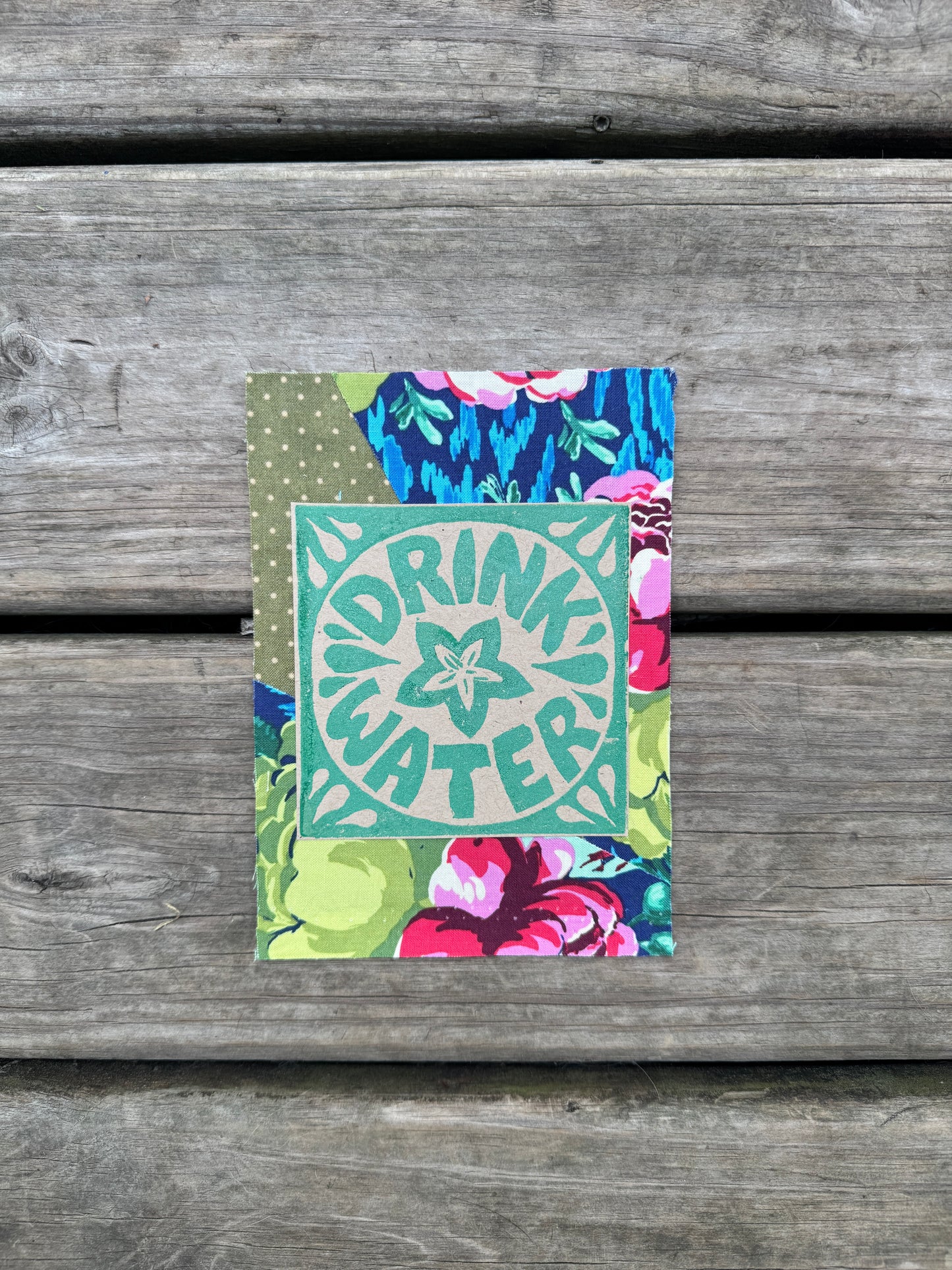 5x7 linocut print & fabric collage