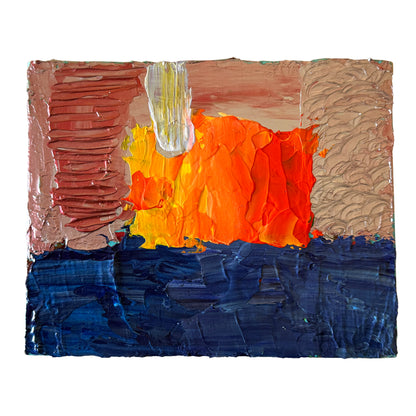Abstract art piece with orange, blue, and brown colors on a white background