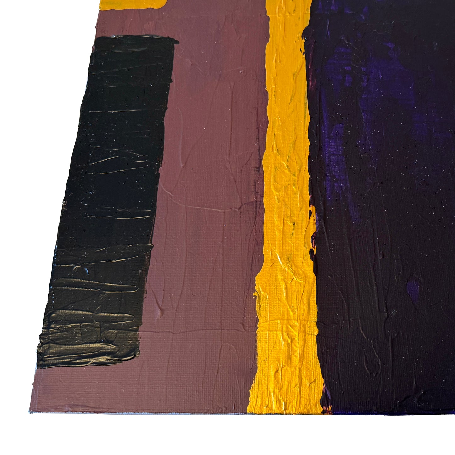 Abstract art with vertical black, yellow, and purple stripes on a white background
