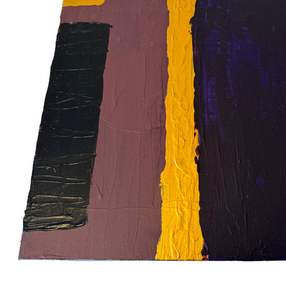 Abstract art with vertical black, yellow, and purple stripes on a white background
