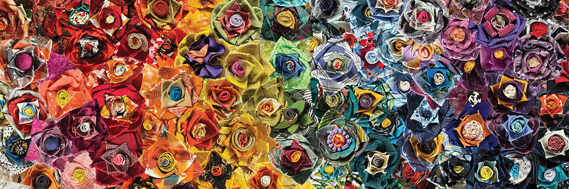 A rainbow gradient made up of photos of flowers