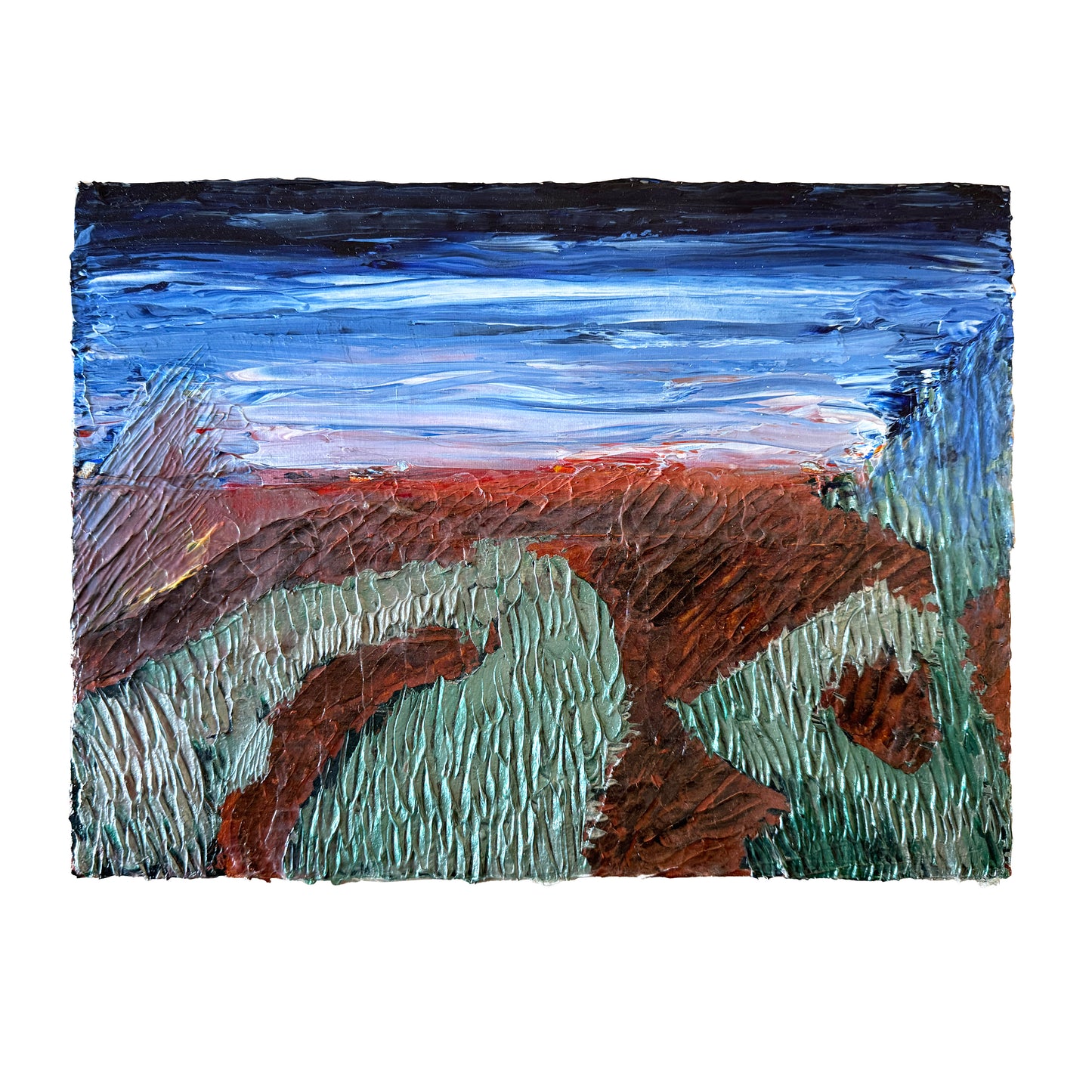 Abstract painting with blue, brown, and green colors on a white background