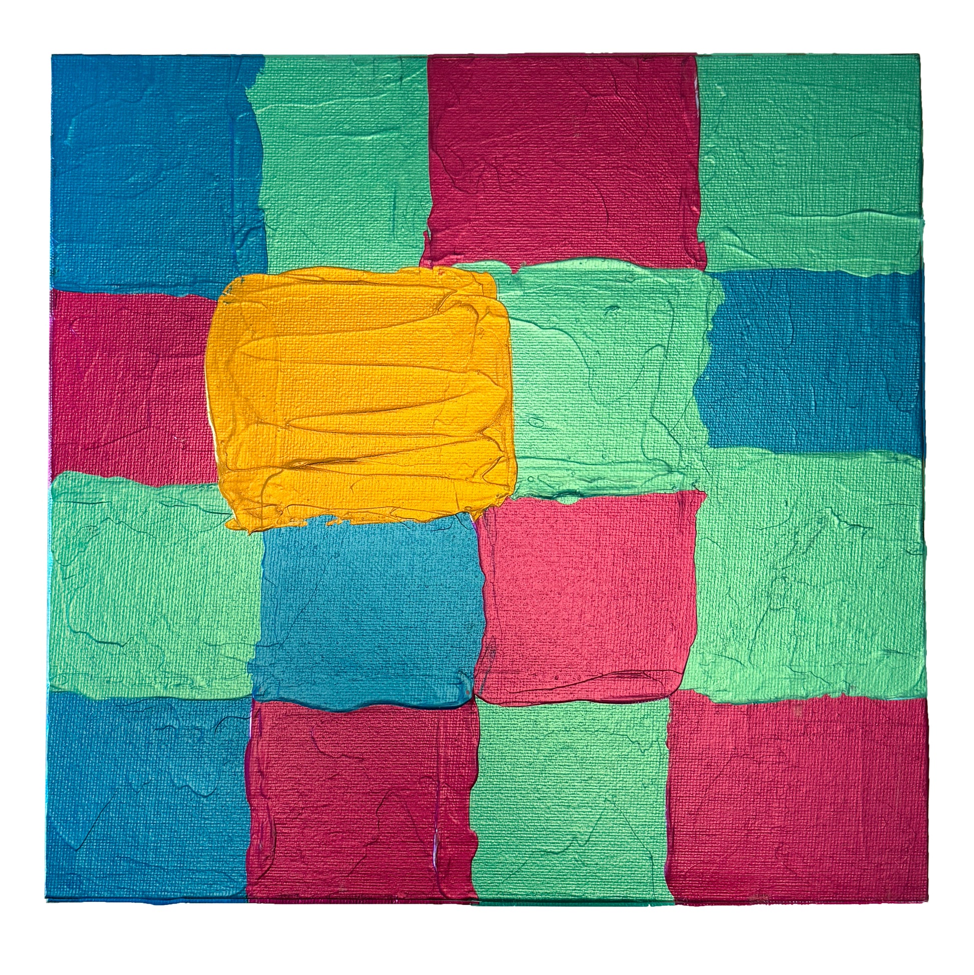 Colorful abstract painting with textured squares in blue, green, pink, and gold.
