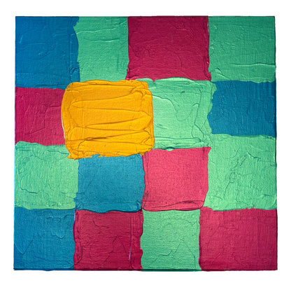 Colorful abstract painting with textured squares in blue, green, pink, and gold.